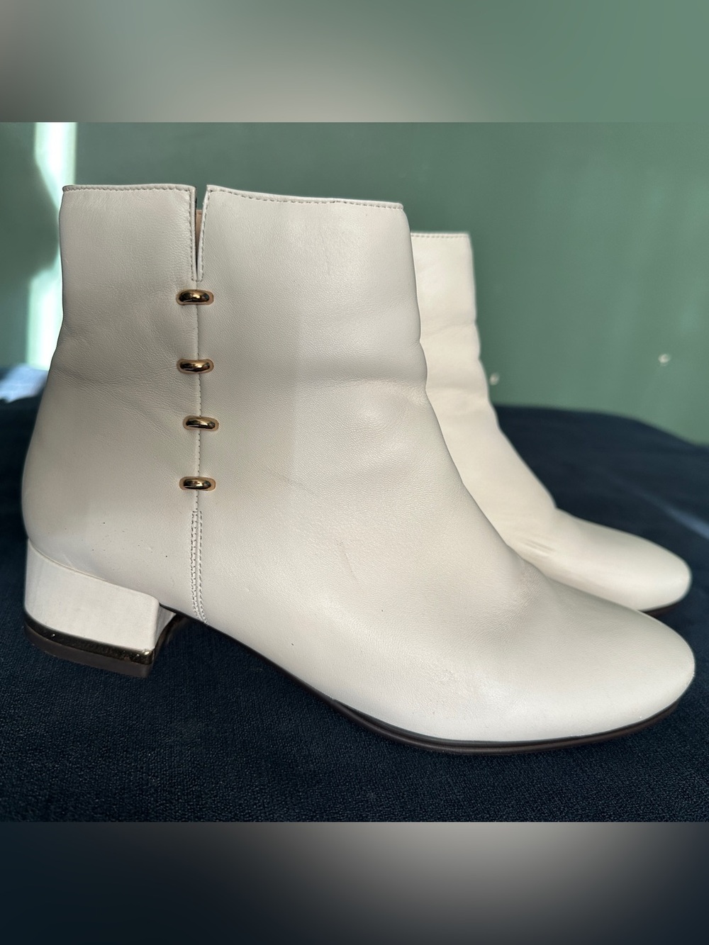 Vaneli Cream Leather Ankle Booties with Gold Eyelet Detail